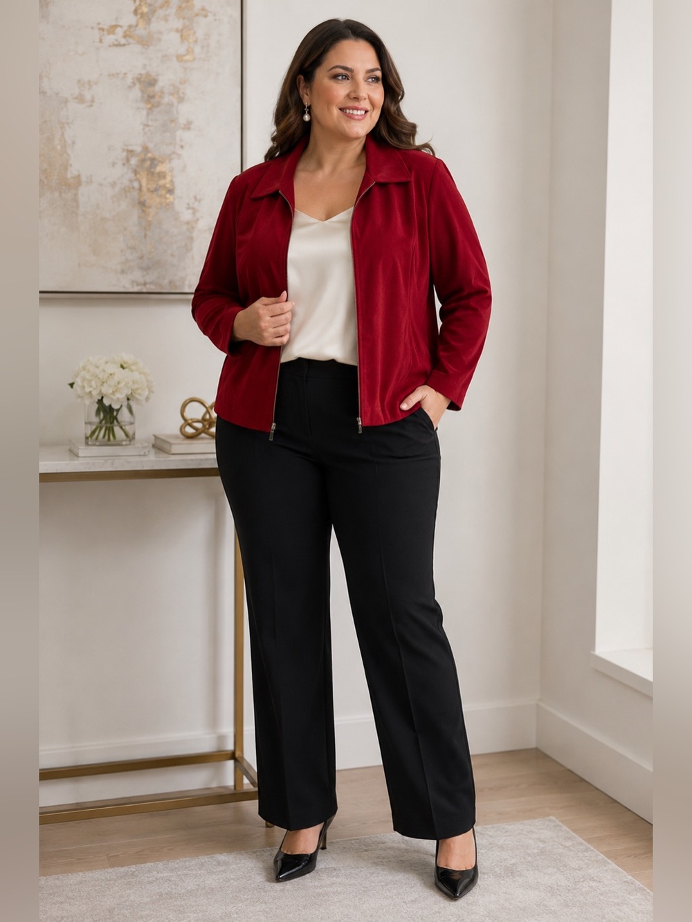 Briggs New York Jacket Women Dark Red Long Sleeve Zip Front Size 18W Polyester